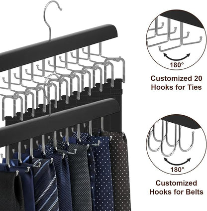 4 Pack Tie Rack and Belt Hanger 2 in 1, Wooden Tie Organizer for Closet with 20 Foldable Hooks, Space Saving Necktie Holder and Belt Organizer, Black