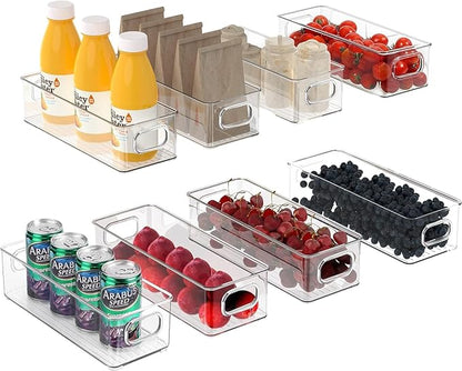 Set of 8 Refrigerator Pantry Organizer Bins - Stackable Fridge Organizers with Handles for Pantry, Freezer, Kitchen, Countertops, Cabinets - Clear Plastic Food Storage Bins