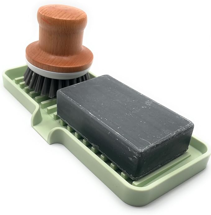Silicone Soap Dish Tray and Sponge Holder with Drain Chute, Rectangular, Kitchen and Bathroom Sink Organizer (Pistachio, 9"x3.5")