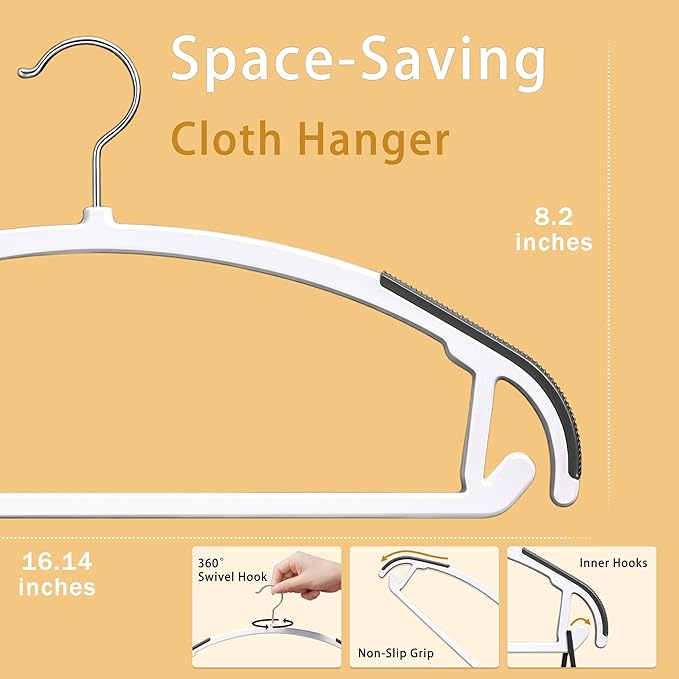 36-Pack Non Slip Plastic Clothes Hangers/w Rubber Pad, Coat Hangers 360° Swivel Hook, Heavy Sturdy Space-Saving Organizers, Hangers for Coats, Pants, Suits, Shirts (White)