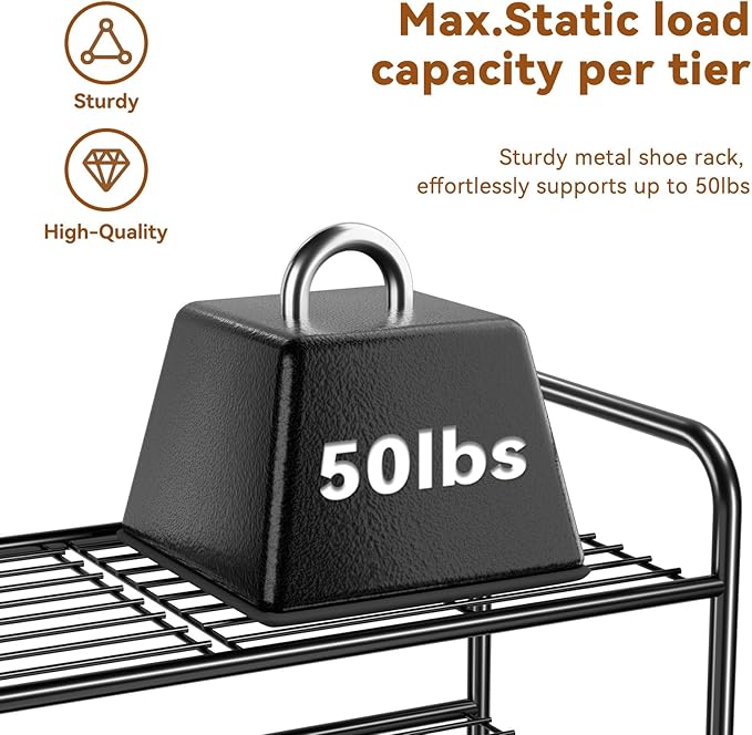 Simple Shoe Rack, 2 Tier Heavy Duty Metal Shoe Shelf 27 Inch Wide, Black