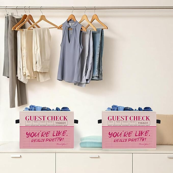 Trendy Preppy Pink Storage Box Bins, You're Like Really Pretty Guest Check Collapsible Storage Basket Organizer for Girls Room Laundry Room Apartment Clothes Books, Decor for Room