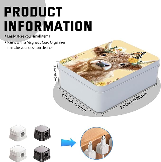 Metal Tin Box with Lid for Game Cards Home Organizer Candles Keys Crafts Storage - Equipped with 4 Magnetic Cord Clips，Cute Cow Butterfly