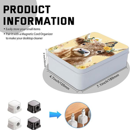 Metal Tin Box with Lid for Game Cards Home Organizer Candles Keys Crafts Storage - Equipped with 4 Magnetic Cord Clips，Cute Cow Butterfly