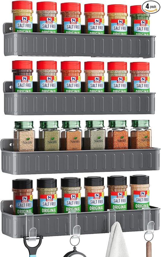 Nieifi Spice Rack Wall Mount, 4 Pack, Grey, 2 Inch Wide, Screw or Adhesive Installation, Spice Rack Organizer for Small Spice Jars, Suitable for Kitchen Cabinet or Pantry Door