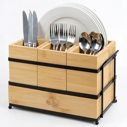 Silverware Caddy with Drawer and 4 Removable Compartments for Spoons, Forks, Plates Napkins, Flatware Organizer with Drain Holes, Bamboo Utensil Holder for Kitchen Counter, Party (Yellow)