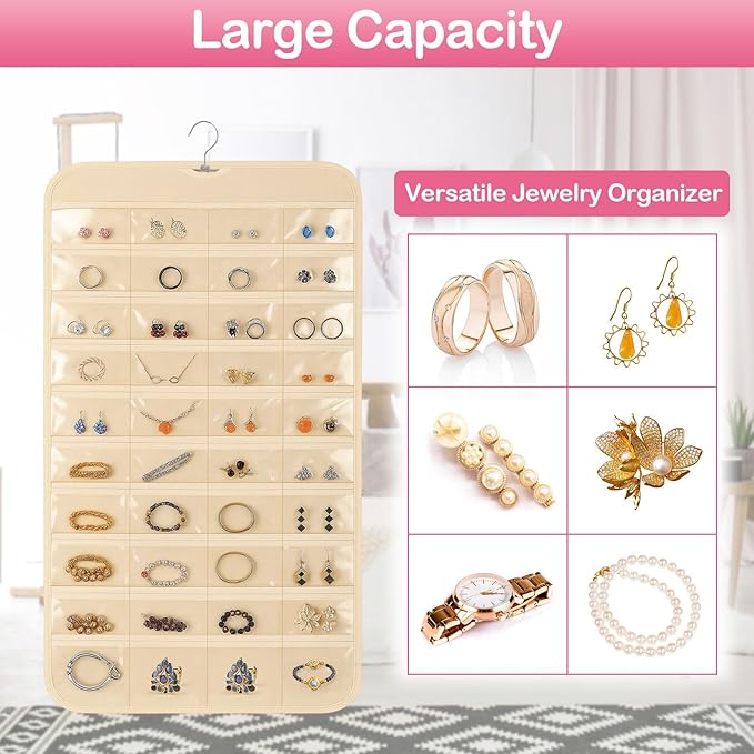 1 Pack Hanging Jewelry Organizer, 80 Clear Pockets earring organizer and storage, Accessories holder organizer for Closet, Jewelries, Necklace, Travel