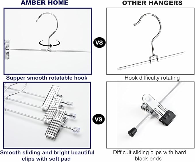 Amber Home 50 Pack Metal Pants Hangers with Clips, Heavy Duty Metal Skirt Hangers with 2-Adjustable Clips, Bottom Hangers for Shorts, Jeans, Trousers (50)