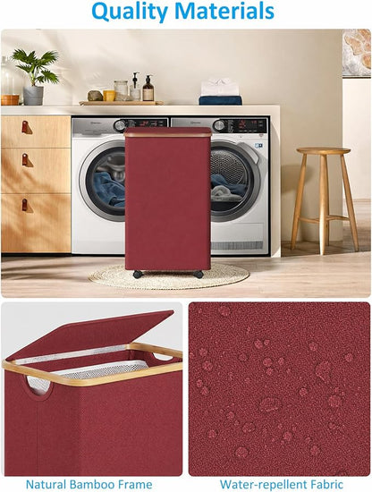 efluky Laundry Basket with Wheels, Tall Rolling Laundry Hamper with Lid and Removable Bag, Aesthetic Dirty Clothes Hamper on Wheels for Laundry Room, Bedroom, Dorm and Bathroom, 100L Red