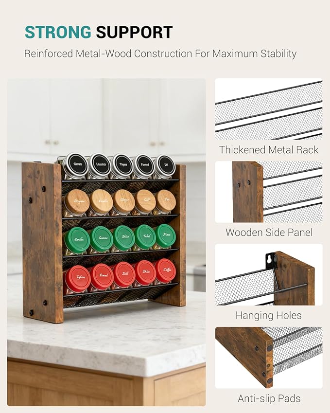 NESAPTO Spice Rack Organizer for Cabinet, Wood 4-Tier Vertical Seasoning Organizer, Wall Mount or Countertop Spice Shelf, Holds 20 Jars (No Jars Included), 10.3" W x 9.4" H