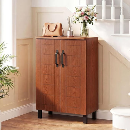 Giantex 5-Tier Shoe Storage Cabinet, Freestanding Wooden Entryway Cabinet w/Storage, 2 Doors, Removable Shelves, Shoes Rack Organizer w/Ventilation Hole for Hallway, Closet, Living Room (Brown)