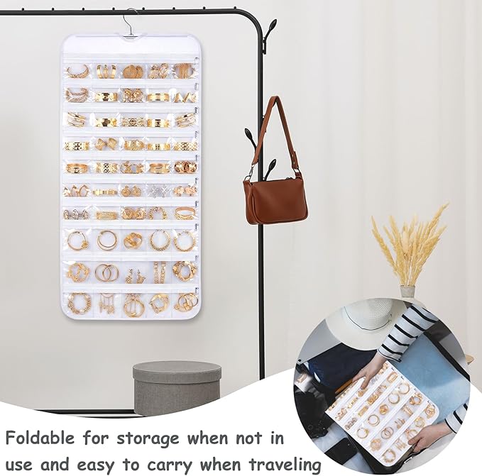 2 Pack Hanging Jewelry Organizer 80 Zippered Pockets 80-Pocket Dual-sided Jewelry Storage for Necklace Bracelet Earring RingsTravel Holder - White