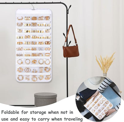 2 Pack Hanging Jewelry Organizer 80 Zippered Pockets 80-Pocket Dual-sided Jewelry Storage for Necklace Bracelet Earring RingsTravel Holder - White