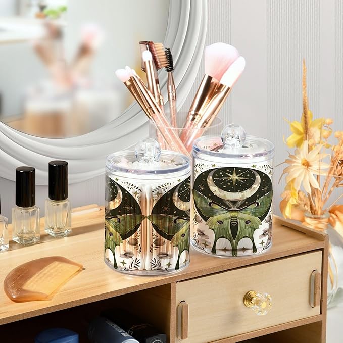 2 Pack Qtip Holder Dispenser for Cotton Ball Luna Moth Moon Swab Round Pads Clear Plastic Acrylic Jar Set Bathroom Canister