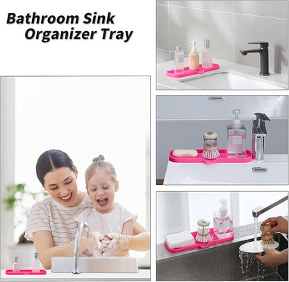 MicoYang Silicone Bathroom Soap Dishes with Drain Spout-Bathroom and Kitchen Sink Organizer,Sponge Holder,Dish Soap Tray,Perfect for Dispenser,Scrubber,Bottle,Cup on Sink or Counter-Rose 12"×4"