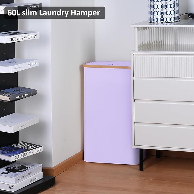 Slim Laundry Basket,60L Laundry Hamper with Lid, Tall Hamper for Laundry,Dirty Cloth Hamper with Bamboo Handle for Towels, Clothes Organizing,Purple