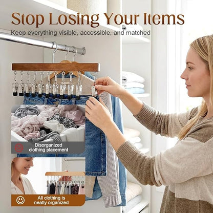 Closet Organizer with 10 Clips, Space Saving Hanging Closet Organizer, Legging Hanger for Closet Organizer with 10 Clip for Storing Jeans, Legging, Shorts (Wood+Black-10 Clips, 2PCS)