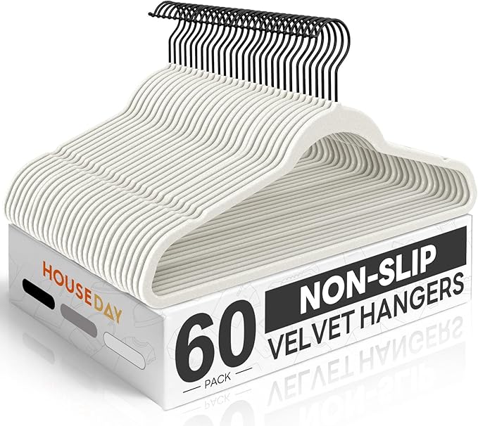 HOUSE DAY White Velvet Hangers 60 Pack, Non Slip Felt Hanger, Slim Velvet Clothes Hangers for Suits, Shirt, Heavy Duty Coat Hanger for Closet