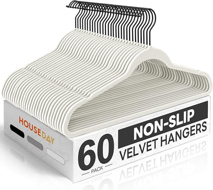 HOUSE DAY White Velvet Hangers 60 Pack, Non Slip Felt Hanger, Slim Velvet Clothes Hangers for Suits, Shirt, Heavy Duty Coat Hanger for Closet