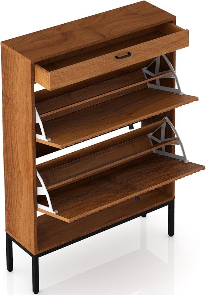 XIAO WEI Shoe Cabinet, Shoe Storage Organizer Cabinet with 2 Flip Wavy Line Drawers, Freestanding Shoe Rack with Adjustable Shelf for Entryway, (Walnut)