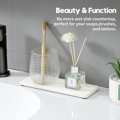 2PCS White Water Absorbing Diatomite Stone Drying Soap Dish Sink Vanity Tray for Bathroom/Kitchen Counter, Sponge Holder Mat Dispenser Rack Faucet Splash Guard Caddy Organizer, 9"x3.5"