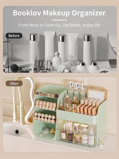 Booklov Makeup Organizer for Vanity, Countertop Cosmetic Display Case with Clear Acrylic Drawers, Bathroom Counter Beauty Caddy, Cute Table Storage Holder for Skincare, Brush Lipsticks, Crystal Green
