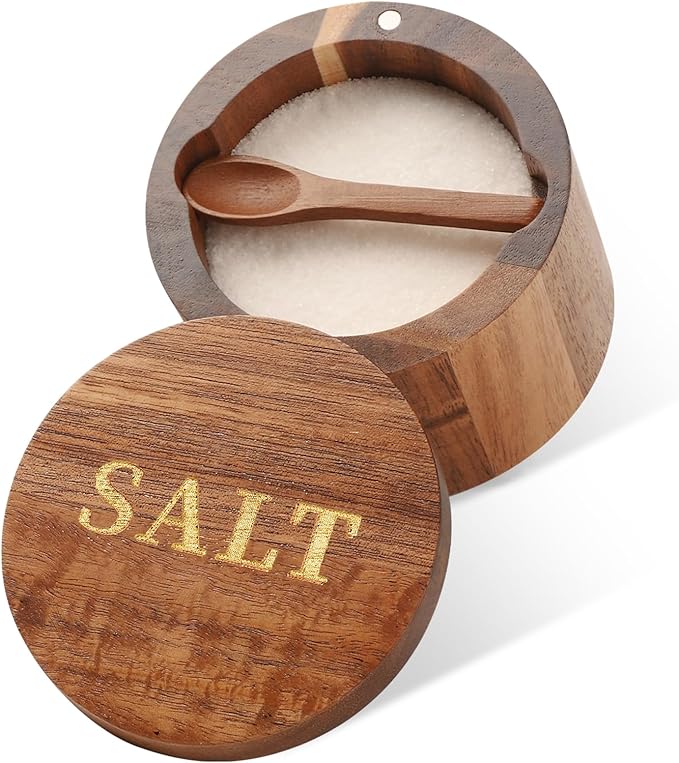 Timtopno Salt Cellar, Acacia Wood Salt Container with Built-in Spoon & Swivel Lid, Engraved SALT Box, Salt Holder Bowl for Countertop Seasoning Storage