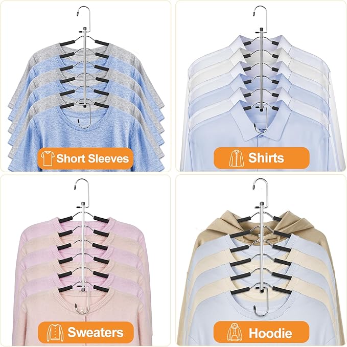 TOPIA HANGER Clothes Hanger Space Saving, 6 Tier Shirt Coat Hangers Space Saving No Bump Shoulder Hangers with No Slip Foam Padded Hangers Closet Organizers and Storage for Men and Women 2 Pack-CT64B