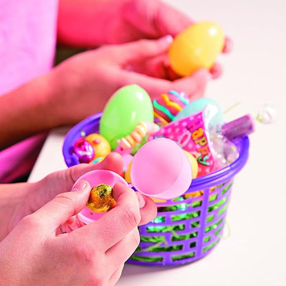 Fun Express Easter Baskets Bulk Set of 12 - Small Colorful Plastic Round Baskets for Easter Egg Hunts, Party Favors & Classroom Activities | Mini Pastel Buckets for Kids - Basket Size