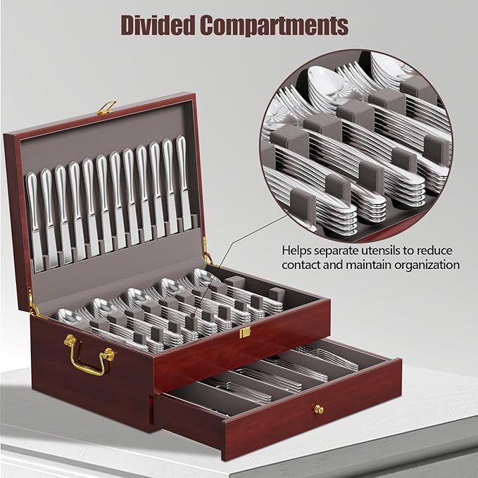 Mahogany Wood Silverware Storage Box,2-Layer Silverware Chest Case with Lid Drawer Handle Silverware Case with Felt Lined,Flatware Storage Box Holds 12-16 Sets of Utensils,Wedding Housewarming Gifts