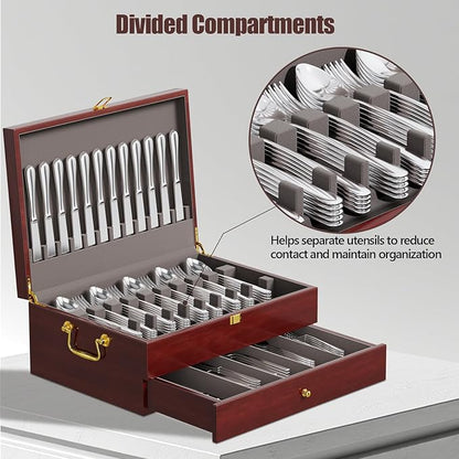 Mahogany Wood Silverware Storage Box,2-Layer Silverware Chest Case with Lid Drawer Handle Silverware Case with Felt Lined,Flatware Storage Box Holds 12-16 Sets of Utensils,Wedding Housewarming Gifts