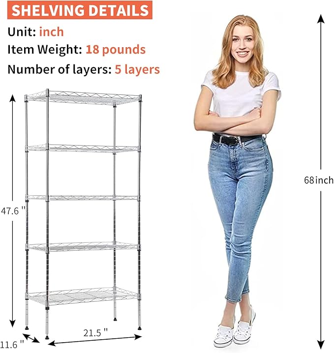5-Tier Shelving Unit Adjustable Metal Shelves 48" H Storage Rack Wire Shelf for Pantry Kitchen Closet Organization Space Saving, 750LB Capacity, 21.5D x 11.6W x 47.6H, Chrome