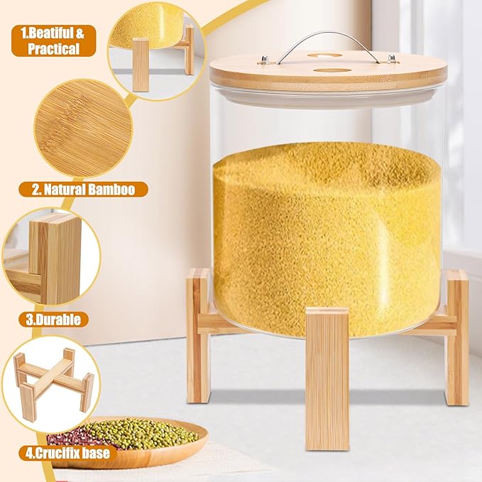 Rice Dispenser Glass, Rice Storage Container, Flour and Cereal Container with Airtight Lid and Stand, Glass Food Storge Container for Kitchen Organization and Pantry Store (8L)