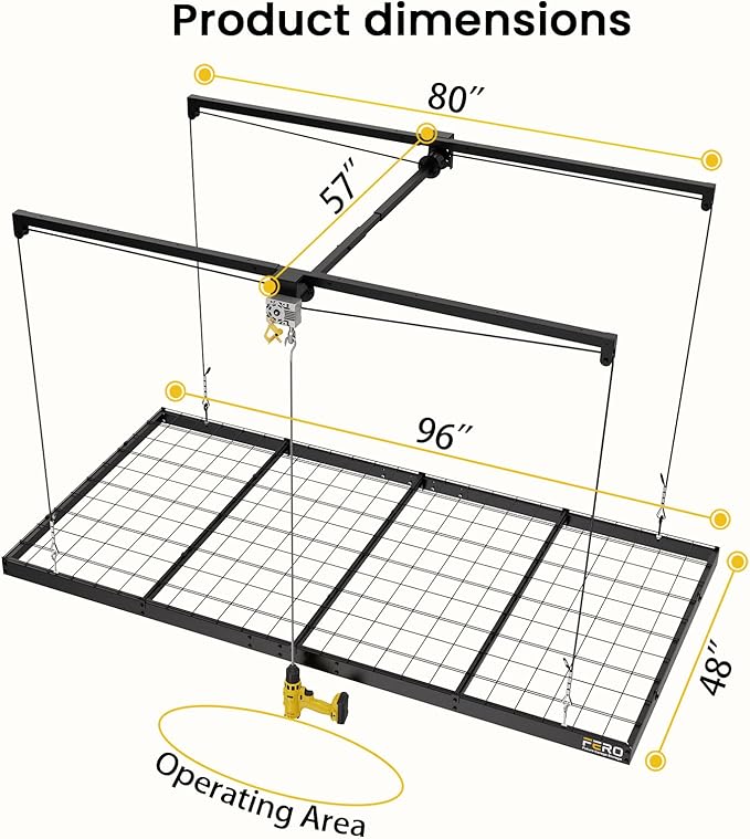 FERO Overhead Garage Storage Rack 4x8, 500 lb Heavy-Duty Capacity, Ceiling Mounted Storage Lift with Safety Lock, Drop Down Overhead Storage System, Garage Ceiling Hoist Organizer