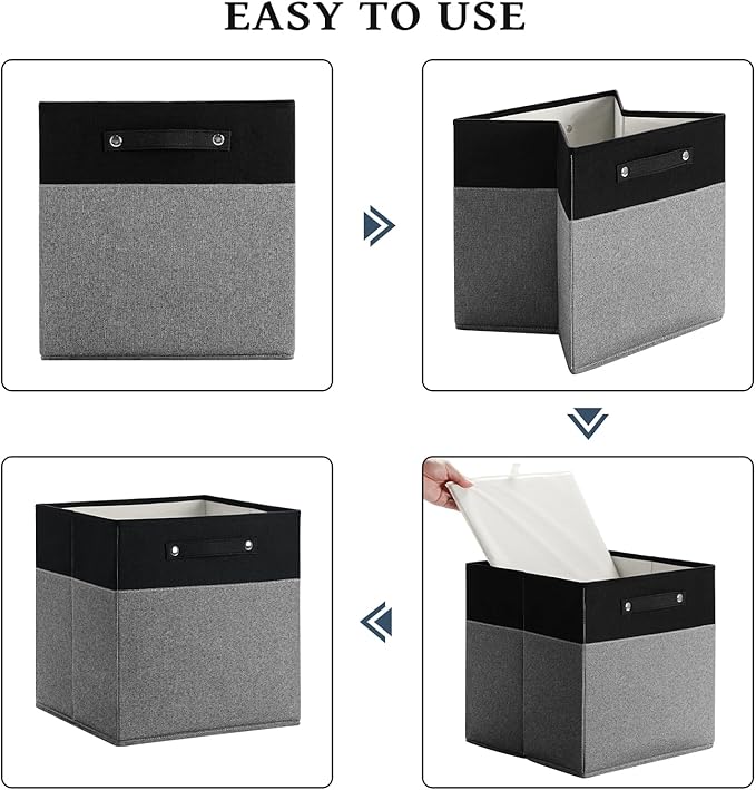 FinishingBo 13 x 13 Inch Fine Linen Storage Bins with Handles，Fabric Cube Boxs，Basket Organizers for Shelves for Home, Closet Drawers (Black/Gray-4 Pack)