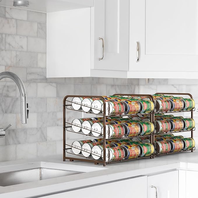 Shinoske Can Organizer for Pantry 2 Pack,3-Tier Stackable Can Organizer 2 in 1 Can Rack,72 Dispenser Holder Canned Food Organizer for Pantry Kitchen Countertop Storage,Brown