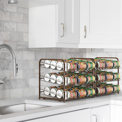Shinoske Can Organizer for Pantry 2 Pack,3-Tier Stackable Can Organizer 2 in 1 Can Rack,72 Dispenser Holder Canned Food Organizer for Pantry Kitchen Countertop Storage,Brown