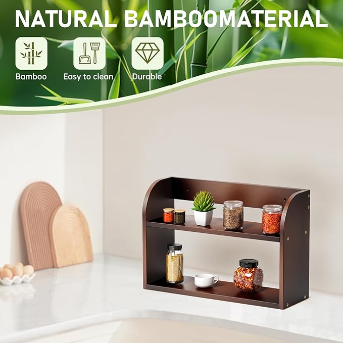 ROMGUAR CRAFT 2 Tier Bamboo Spice Rack, Countertop or Wall Mounting Wood Spice Jars Organizer Shelf for Kitche, Pantry (Brown)