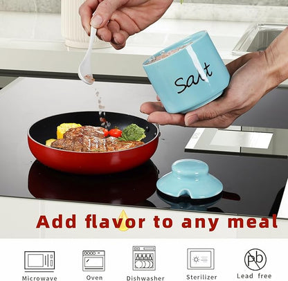 ONTUBE Farmhouse 8oz Salt Bowls with Lid and Spoon, Ceramics Condiment Pots, Seasoning Jar Spice Container for Kitchen, Dishwasher Safe (Turquoise)