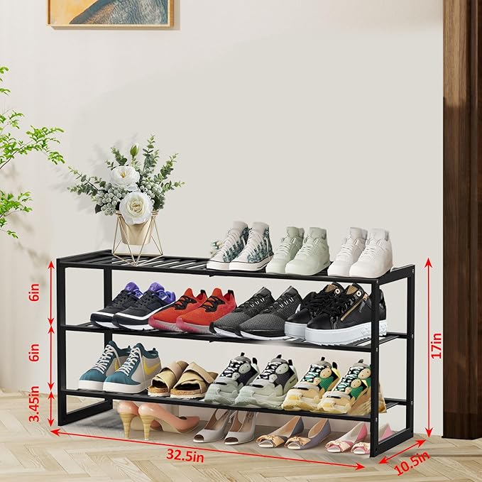Jripae Bamboo Shoe Rack for Closet, 3 Tier 32.5inch Longer Shoe Organizer Shelf Holder Storage 12-15 Pairs Stackable for Entryway Door Hallway Bedroom Garage Space Saving Foldable Black