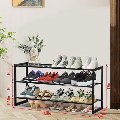 Jripae Bamboo Shoe Rack for Closet, 3 Tier 32.5inch Longer Shoe Organizer Shelf Holder Storage 12-15 Pairs Stackable for Entryway Door Hallway Bedroom Garage Space Saving Foldable Black