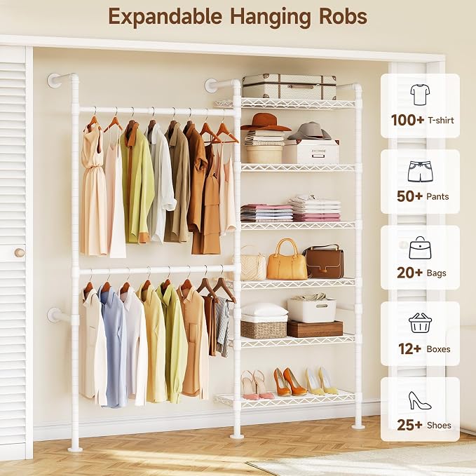 ONBRILL H2 Wall Mounted Clothing Rack, Expandable Industrial Pipe Clothes Rack Garment Racks for Hanging Clothes, Heavy Duty Closet Organizers and Storage in Closet System, White