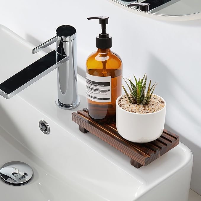 Renawe Small Kitchen Sink Soap Tray for Counter Soap Dish Dispenser Holder Wooden Risers Stand for Bathroom Decor Farmhouse Wood Pedestal Kitchen Accessories Countertop Vanity Counter Decorative Tray