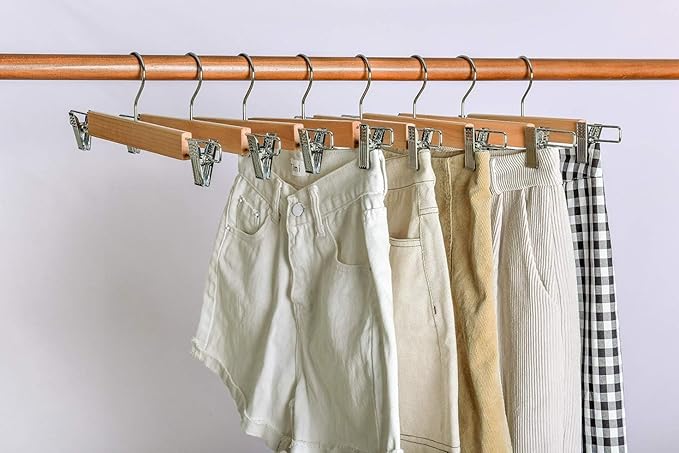 Wood Pants Skirts Hangers Wooden Trousers Bottom Hanger with 2-Adjustable Clips, Clip Hangers for Slacks, Jeans, Shorts, Space-Saving Design, Closet Essentials (Beige, 20)