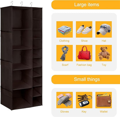 Libeder Shoe Organizer for Closet, 15 Shelf Hanging Closet Storage Shelves - 10 Shoe Rack Organizer and 5 Compartment for Clothes with 6 Side Mesh Pockets for Scarf, Socks,Gloves Coffee