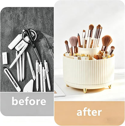 360 Degree Rotating Makeup Brush Holder Organizer Detachable Design 5 Slot Make up Brushes Cup for Cosmetics and Pencil Pen Organizer for Desk Makeup Organizer Skincare Storage for Vanity（Cream）