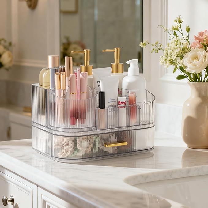 Delamu Makeup Organizer for Vanity with Stackable Drawers, 360 Rotating Makeup Brush Holder Large Cosmetic Display Case, Bathroom Skincare Storage, Crystal Clear, Ideal Gifts for Women
