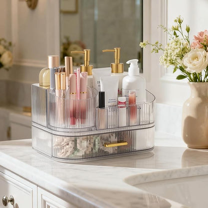 Delamu Makeup Organizer for Vanity with Stackable Drawers, 360 Rotating Makeup Brush Holder Large Cosmetic Display Case, Bathroom Skincare Storage, Crystal Clear, Ideal Gifts for Women