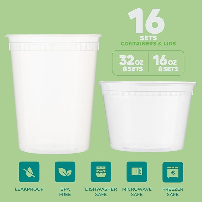 JoyServe 16 Sets Deli Containers with Lids – 16oz & 32oz – Leak Proof, Microwaveable, Dishwasher & Freezer Safe – Plastic Food Storage & Soup Containers