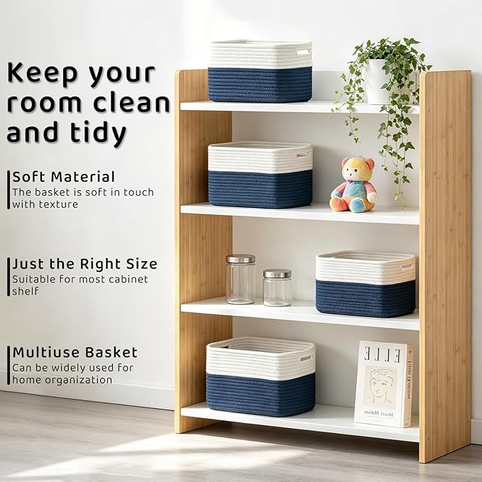 4 Pack Storage Baskets for Organizing, 12''Lx9''Wx8''H Woven Baskets for Storage Toys, Towels, Books, and Clothes, Cotton Rope Basket for Shelves with Handle
